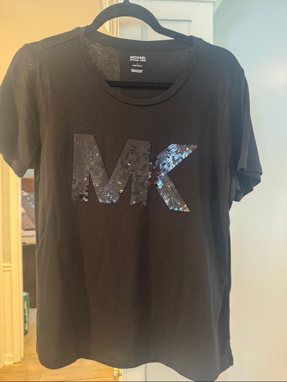 Michael Kors Black Sequin MK Logo Short Sleeve Tee